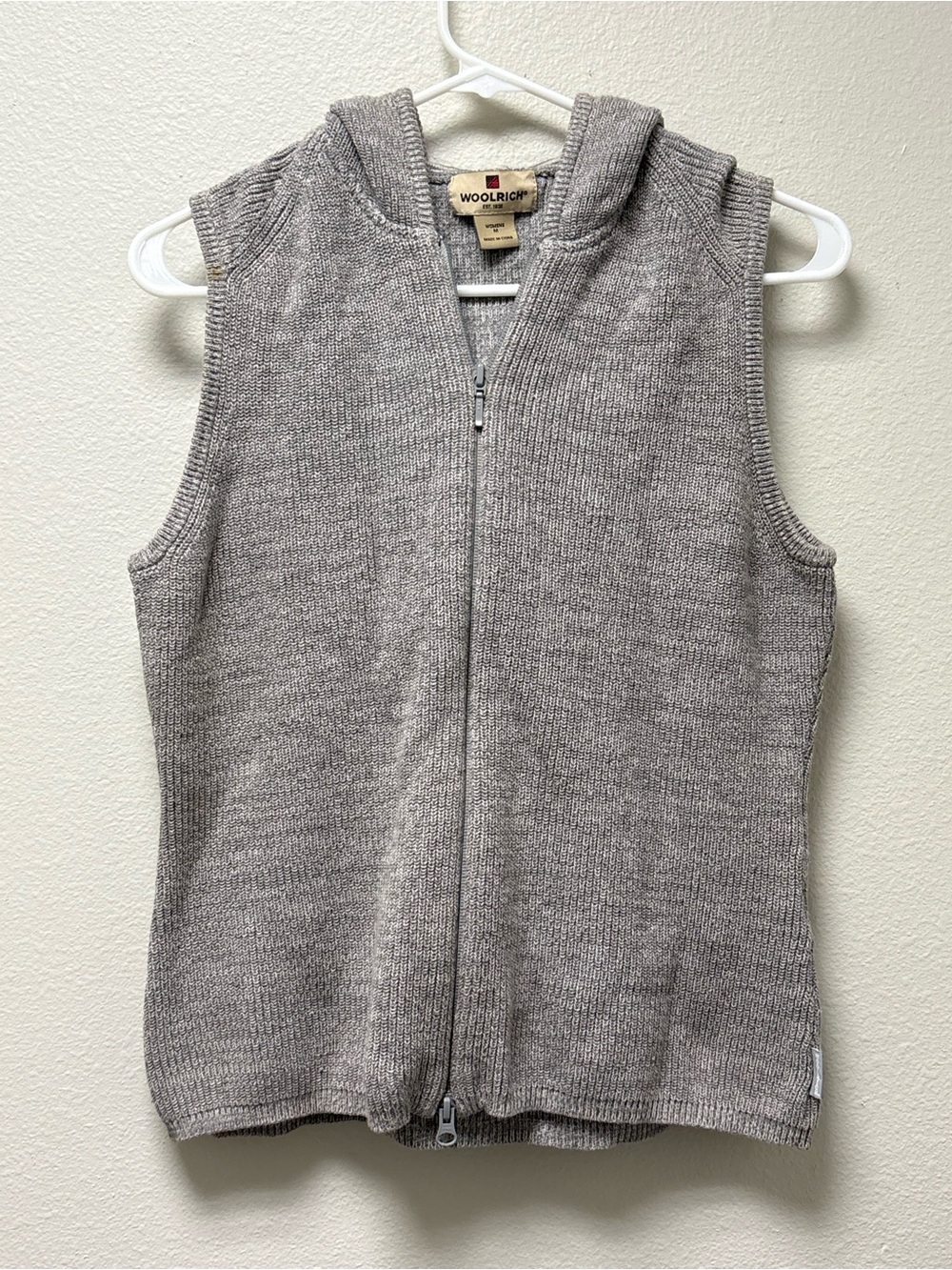 Woolrich Women's Cotton Knit Solid Gray Hooded Full Zip V-Neck Sweater Vest M